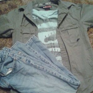 Button up shirt, t shirt and jeans